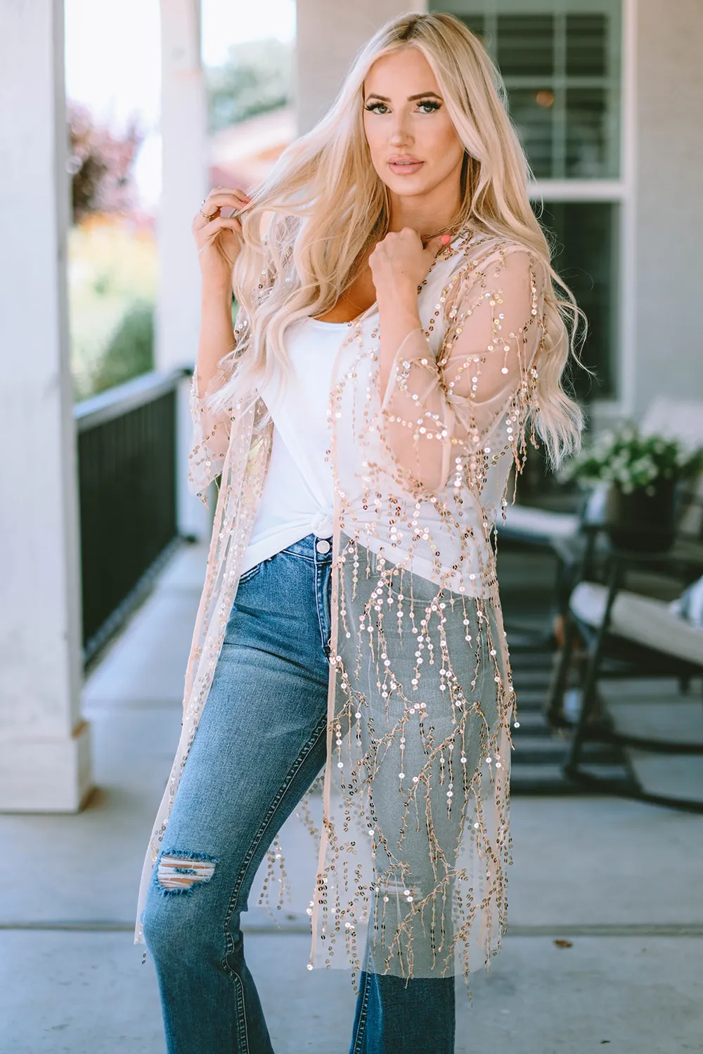 Sequin Open Front Sheer Cardigan, image 11