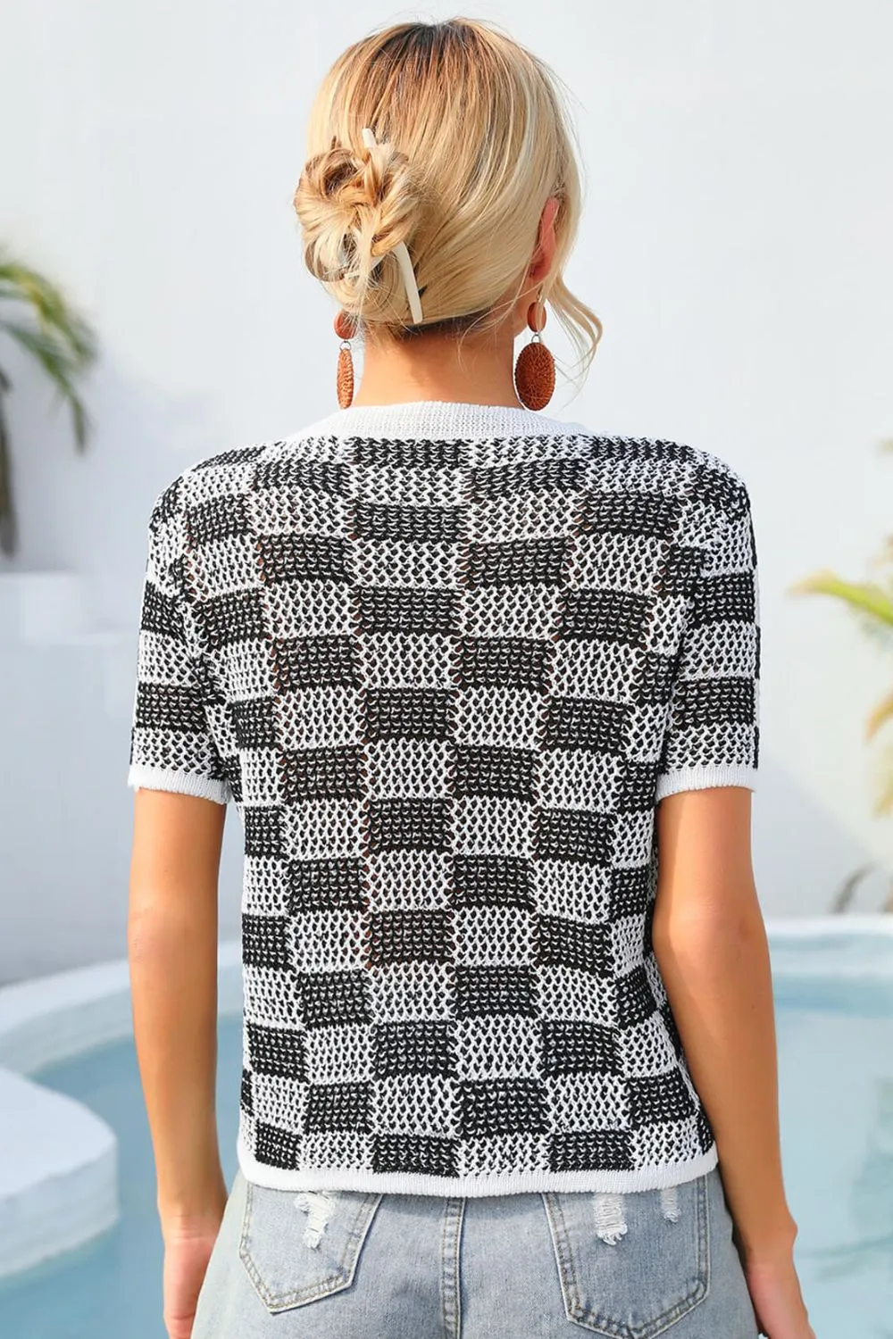 Checkered Short Sleeve Knit Top, image 10