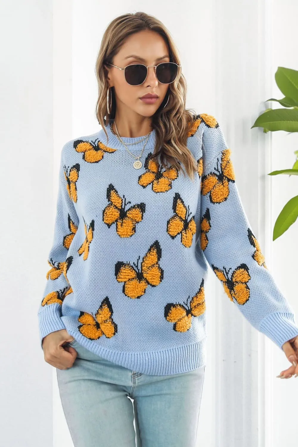 Butterfly Pattern Round Neck Dropped Shoulder Sweater, image 9