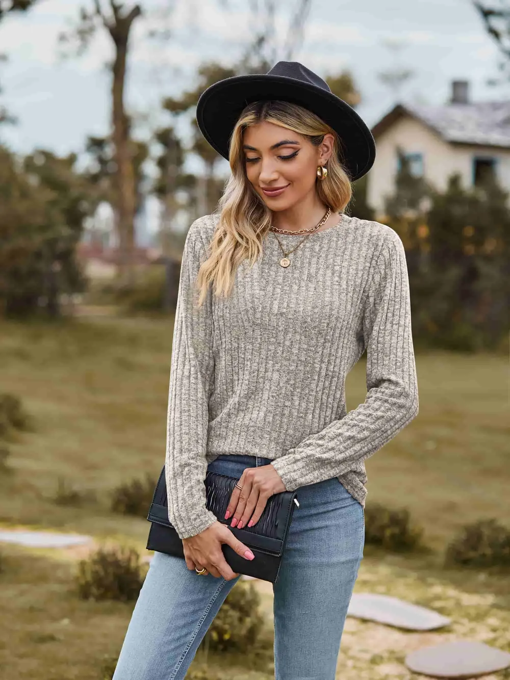 Ribbed Round Neck Long Sleeve Tee, image 12