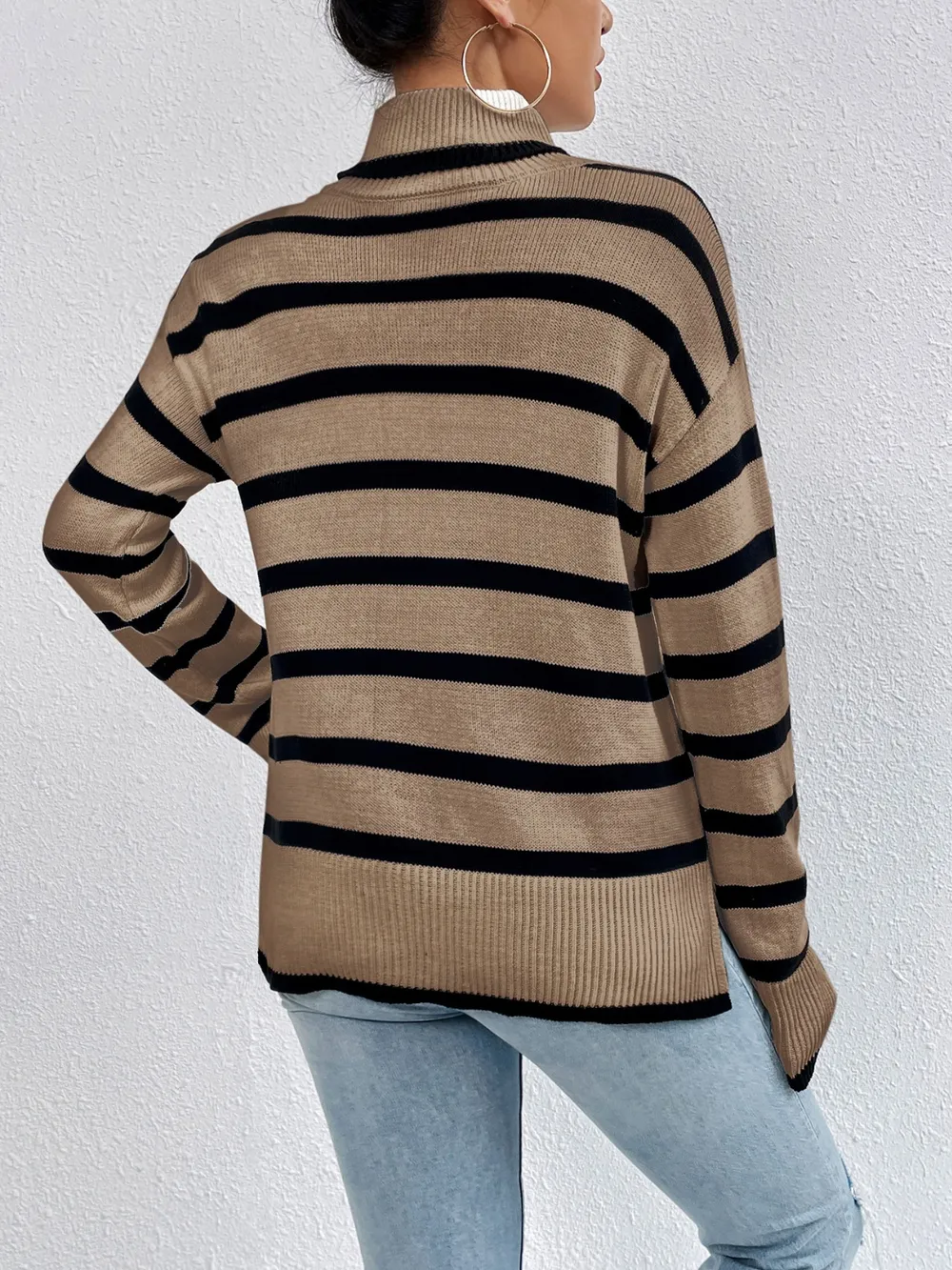 Striped Turtleneck Drop Shoulder Sweater, image 3