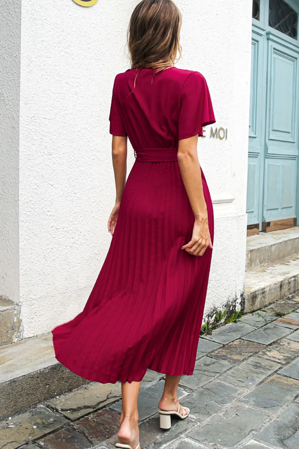 Flutter Sleeve Belted Surplice Midi Dress, image 7