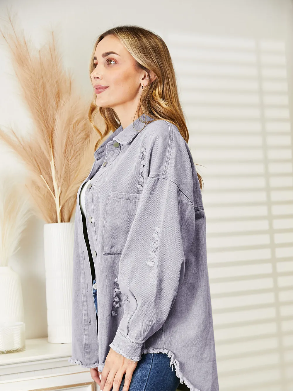 Distressed Raw Hem Denim Jacket, image 14
