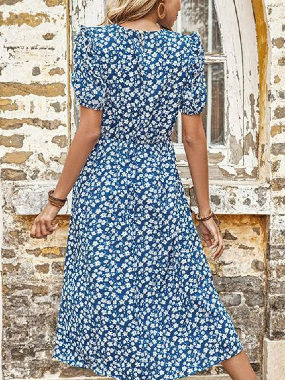 Floral Round Neck Split Midi Dress, image 5