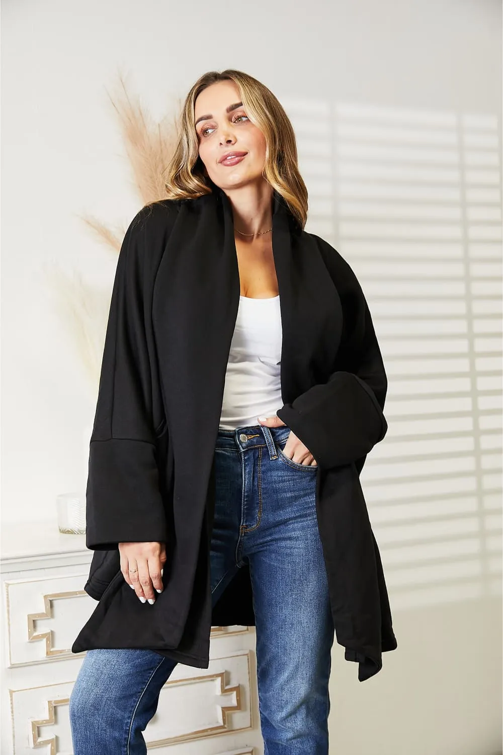 Full Size Open Front Cardigan with Scarf Design, image 3