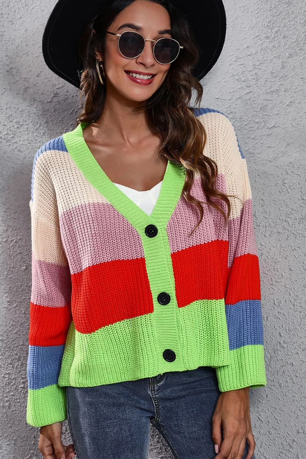 Color Block Button-Down Dropped Shoulder Cardigan, image 5
