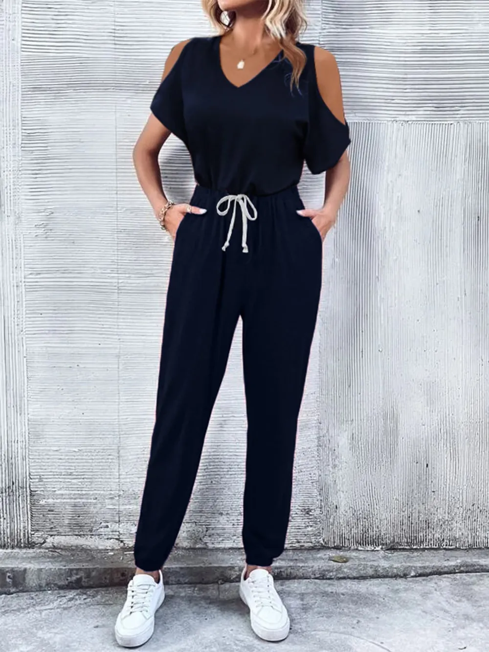 V-Neck Cold-Shoulder Jumpsuit with Pockets, image 6