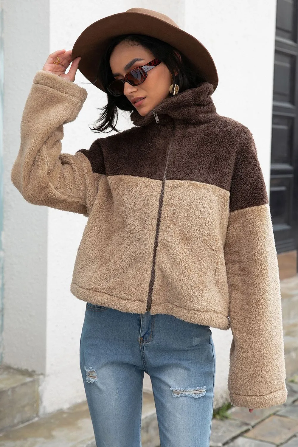 Two-Tone Collared Neck Fuzzy Jacket, image 4