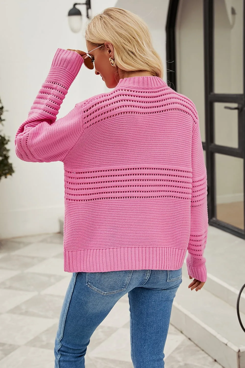 Round Neck Openwork Long Sleeve Pullover Sweater, image 3