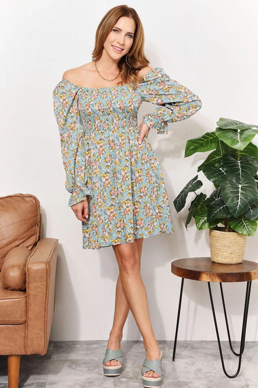 Floral Smocked Flounce Sleeve Square Neck Dress, image 9
