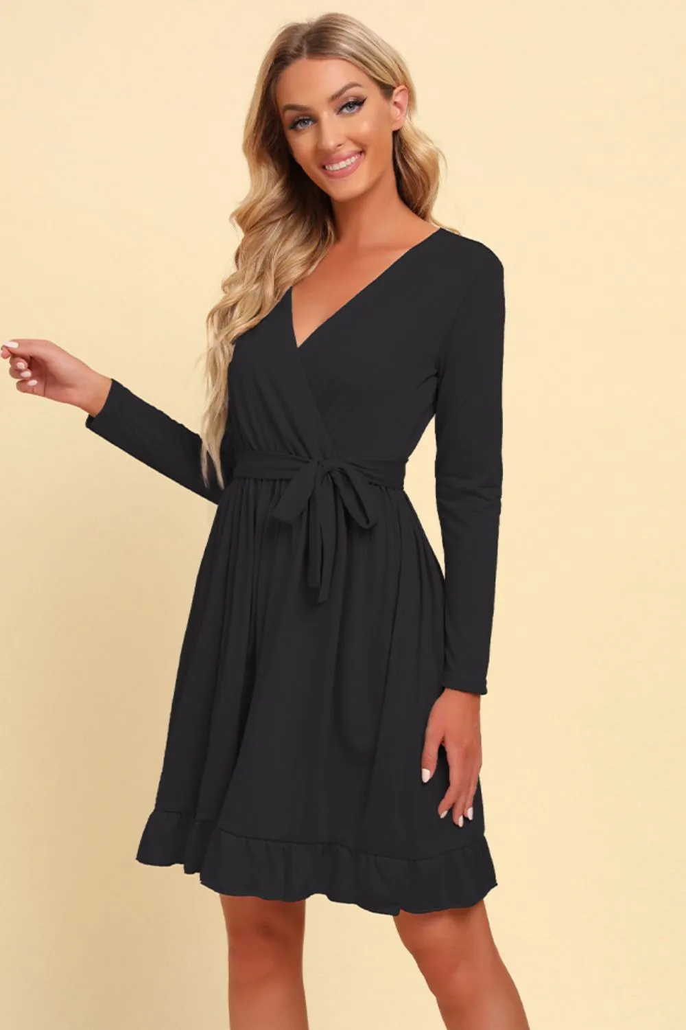 Long Sleeve Tie Waist Ruffle Hem Dress, image 7