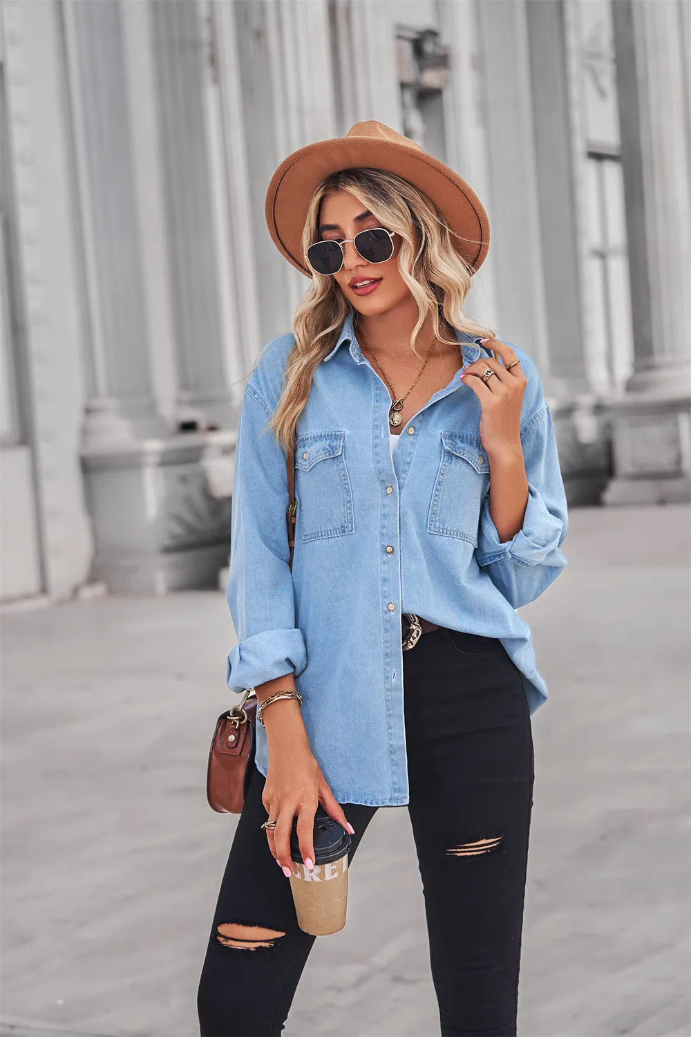 Collared Neck Dropped Shoulder Denim Top, image 11