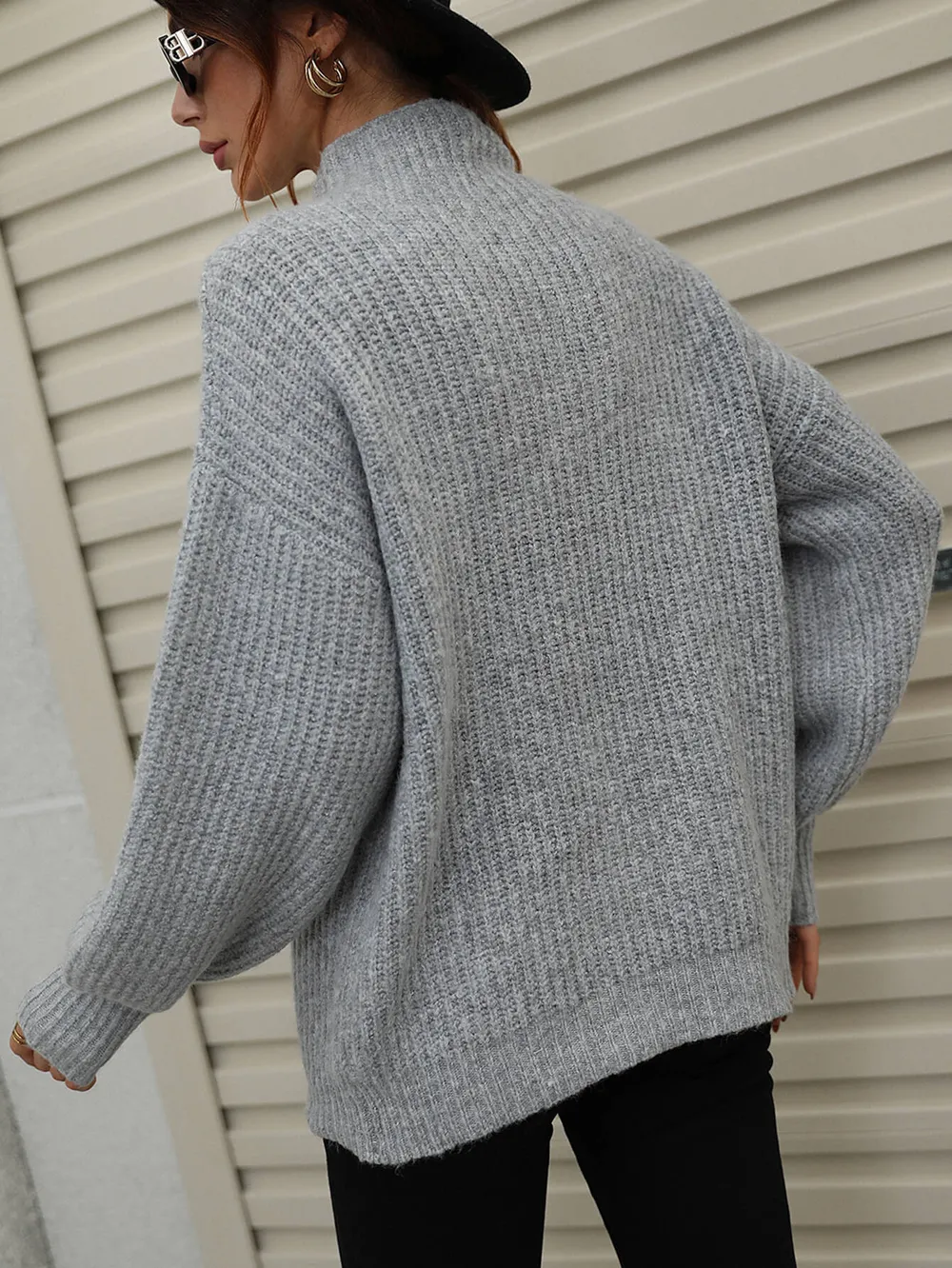High Neck Balloon Sleeve Rib-Knit Pullover Sweater, image 17