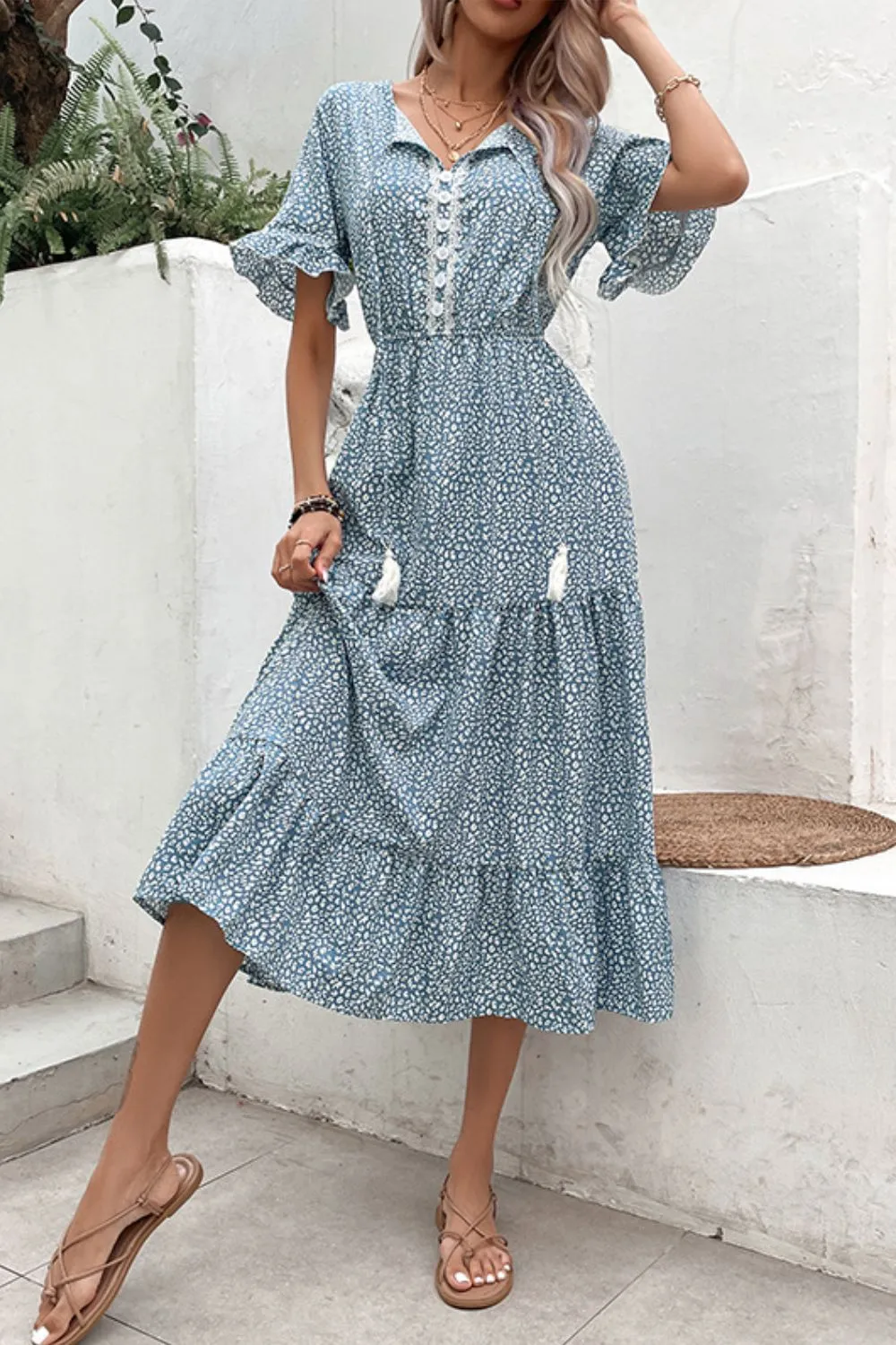 Printed Tassel Tie Flounce Sleeve Dress, image 5