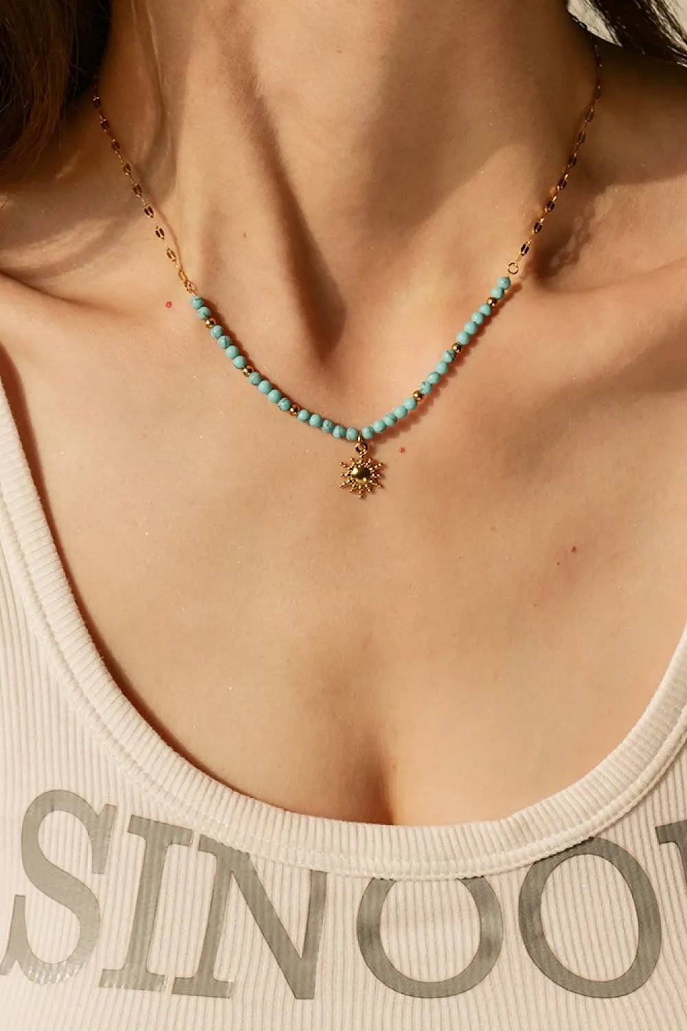 Turquoise Beaded 18K Gold-Plated Sun Shape Pendant Necklace, image 9