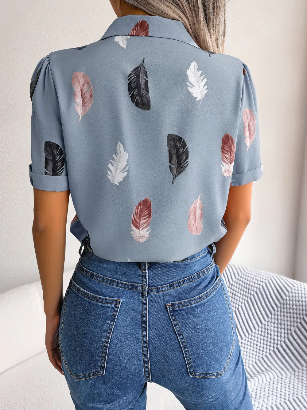 Feather Print Lapel Collar Puff Sleeve Shirt, image 7
