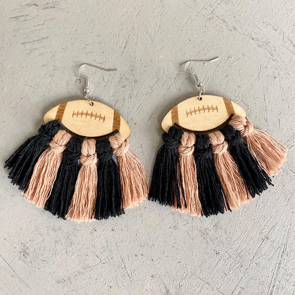 Fringe Detail Football Shape Wooden Dangle Earrings, image 5
