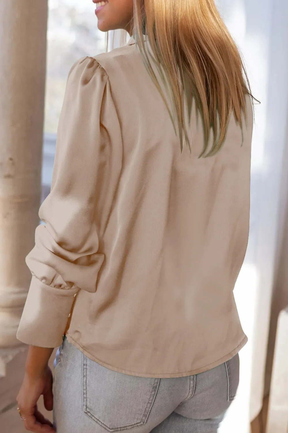 Lapel Collar Buttoned Puff Sleeve Shirt, image 15