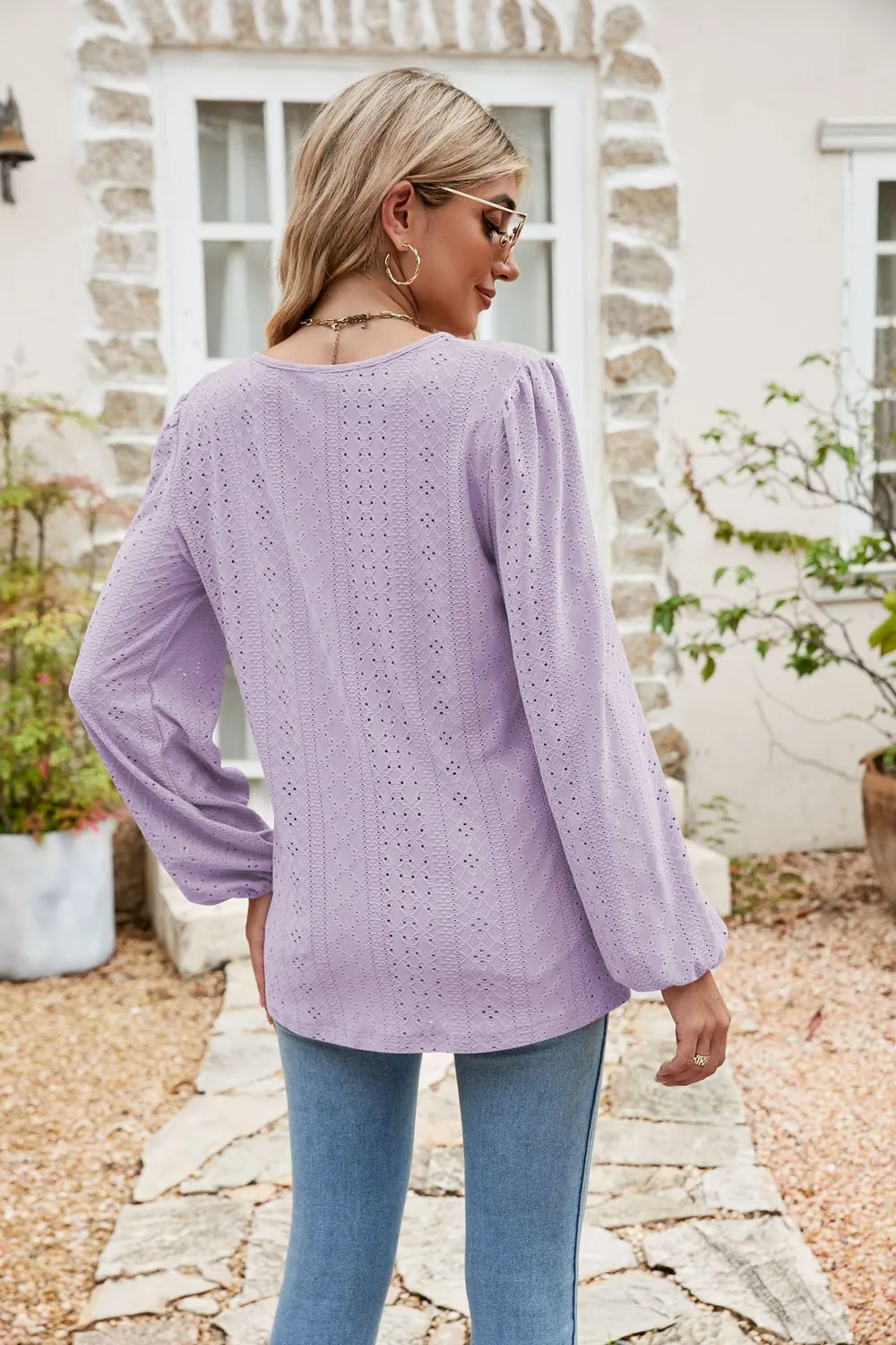 Eyelet Notched Neck Balloon Sleeve Blouse, image 18