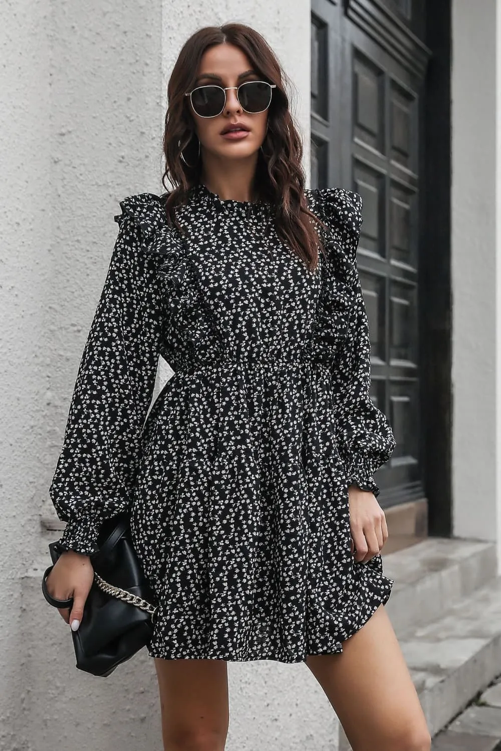 Printed Ruffle Trim Smocked Long Sleeve Mini Dress, image 5