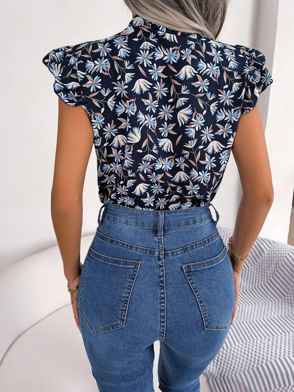 Floral Tie Neck Flutter Sleeve Blouse, image 6