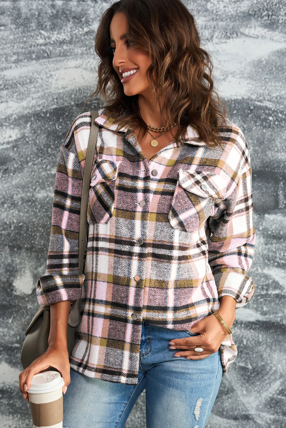 Plaid Button Front Shirt Jacket with Breast Pockets, image 18