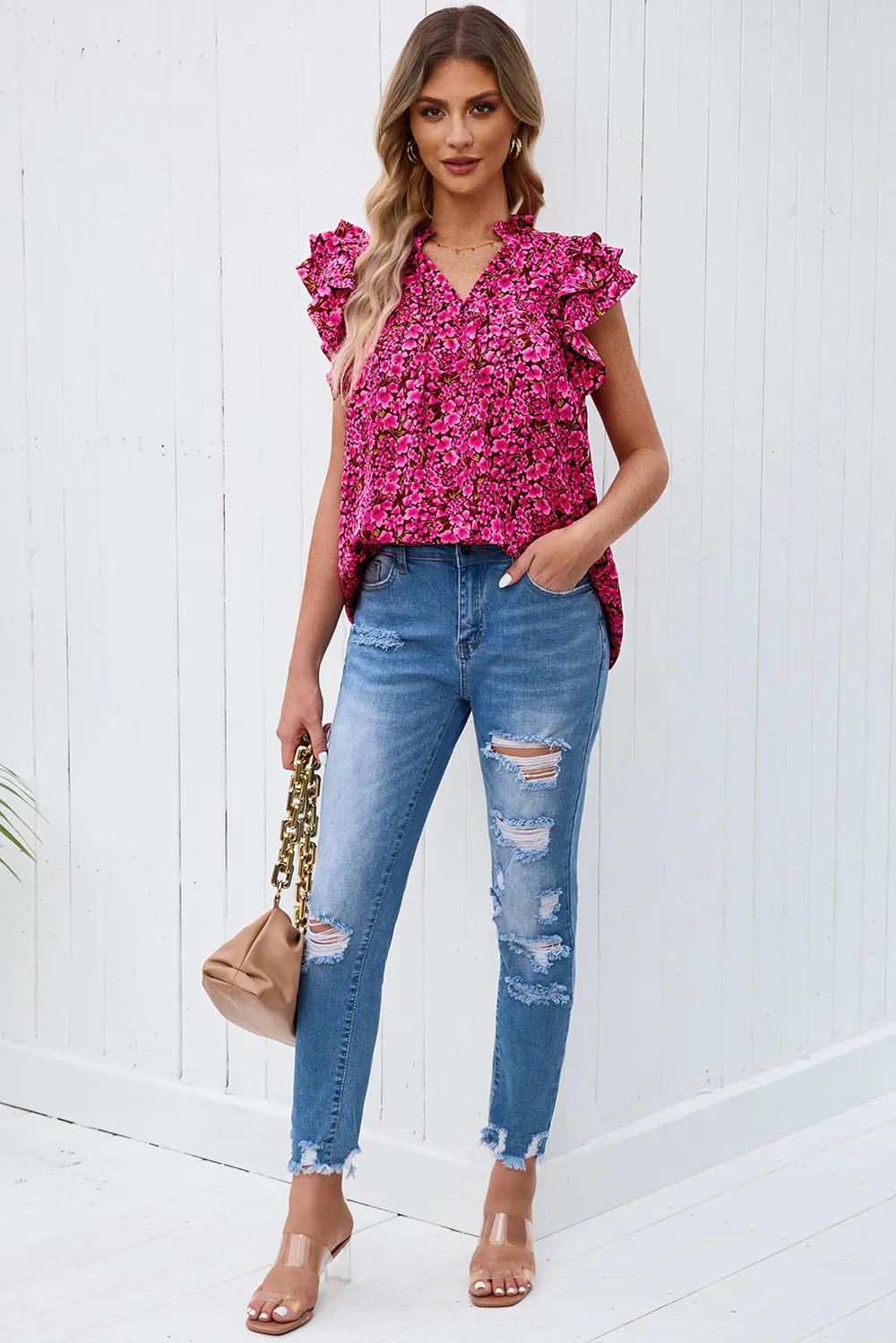 Floral Flutter Sleeve Notched Neck Blouse, image 8