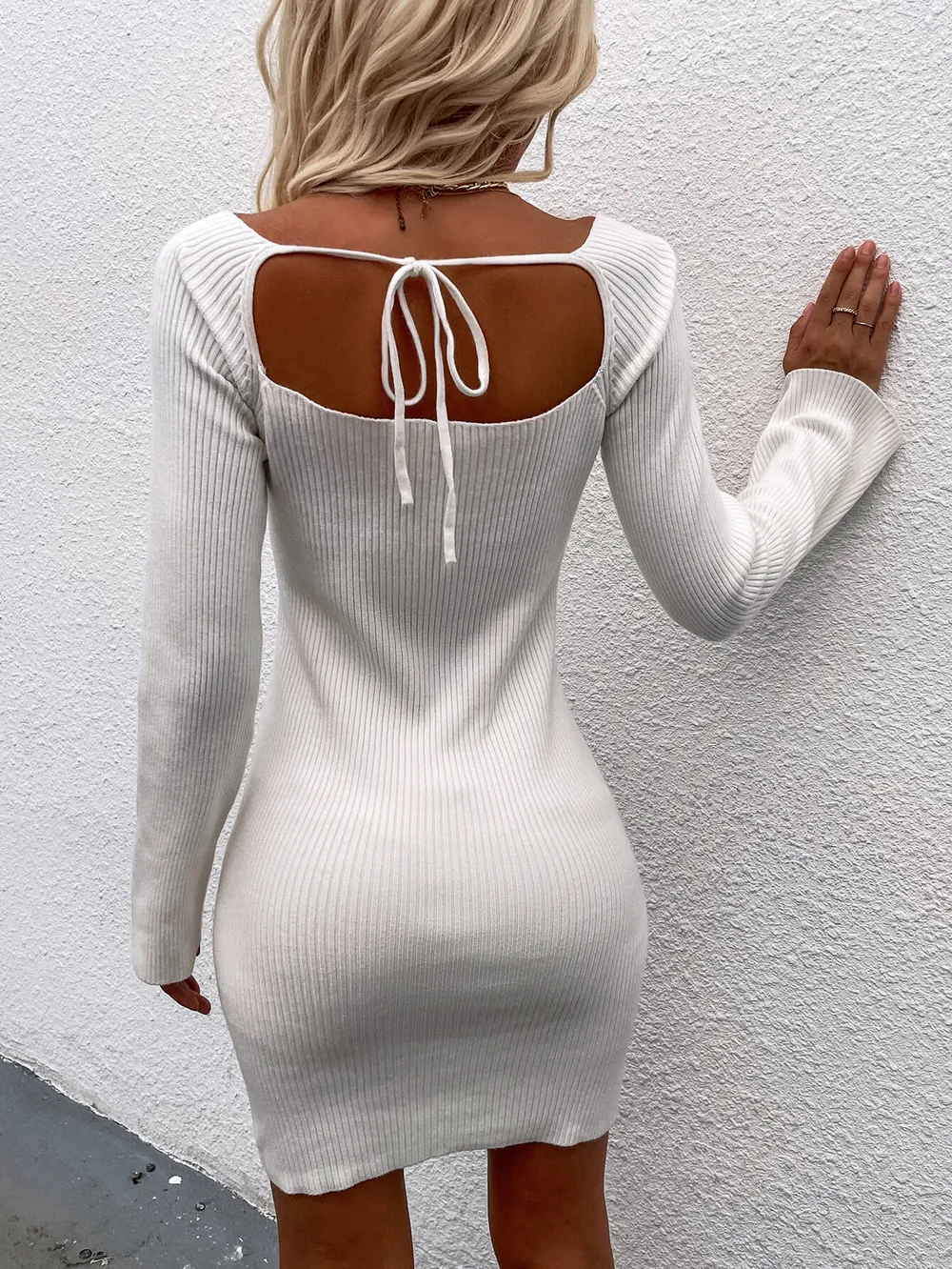 Tie Back Square Neck Long Sleeve Sweater Dress, image 16