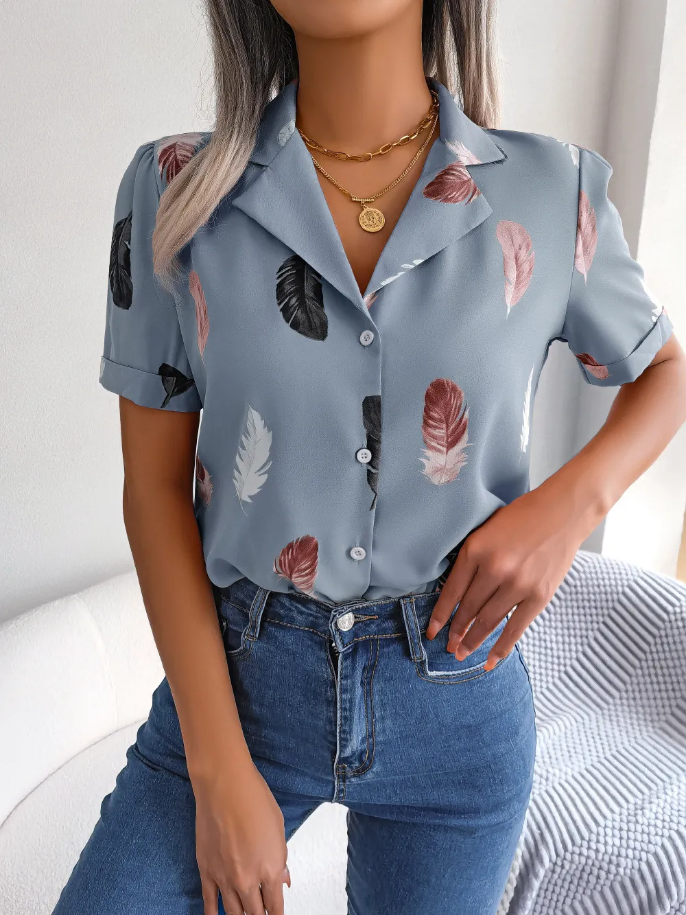 Feather Print Lapel Collar Puff Sleeve Shirt, image 5