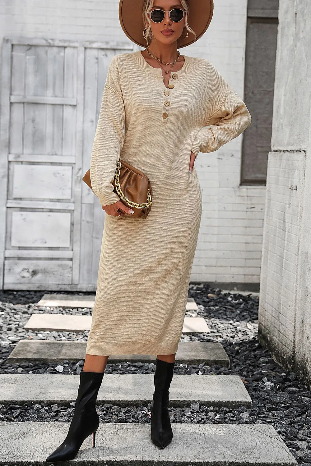 Notched Neck Dropped Shoulder Button-Down Midi Dress, image 20