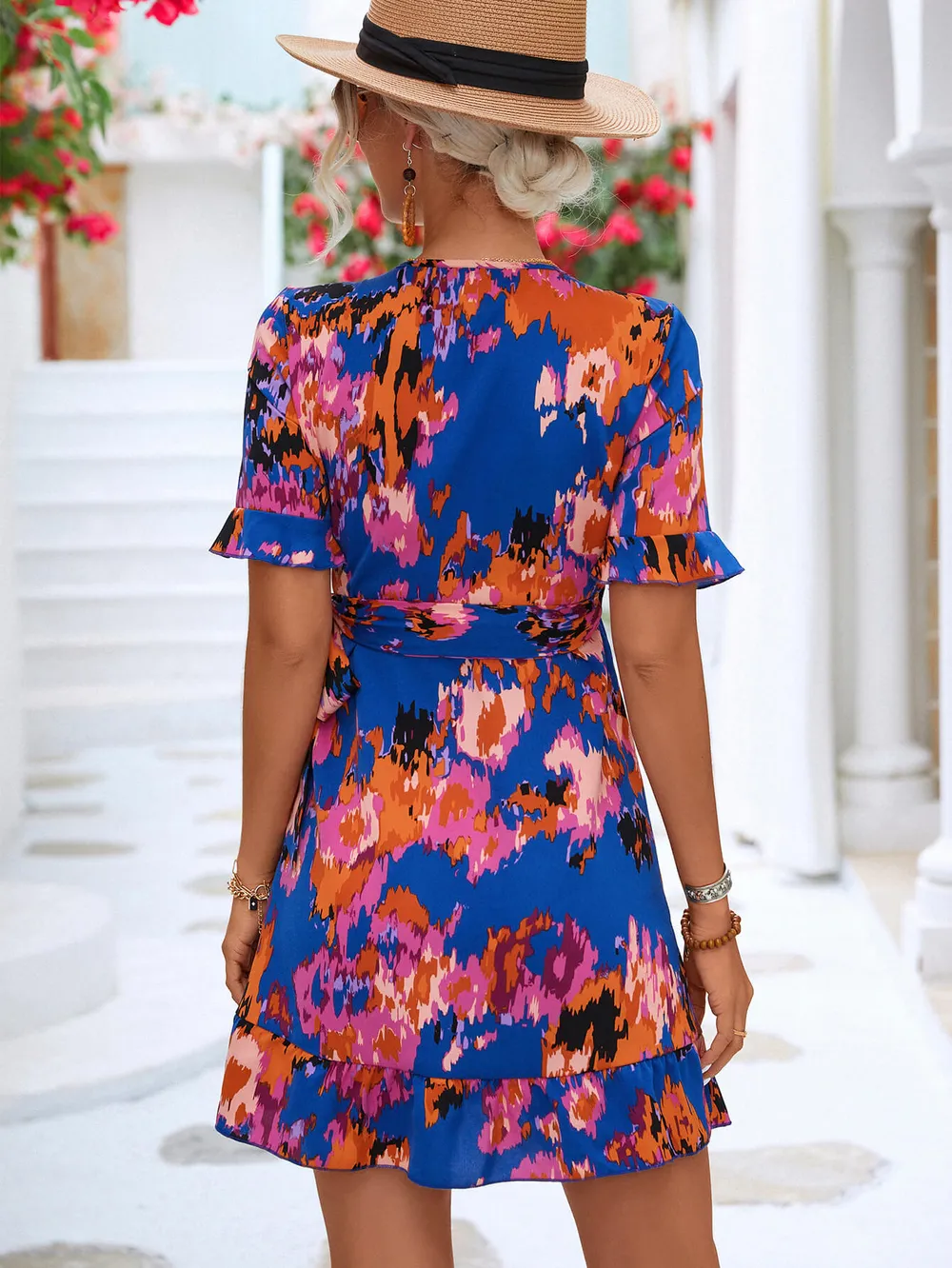 Printed Flounce Sleeve Tied Dress, image 8