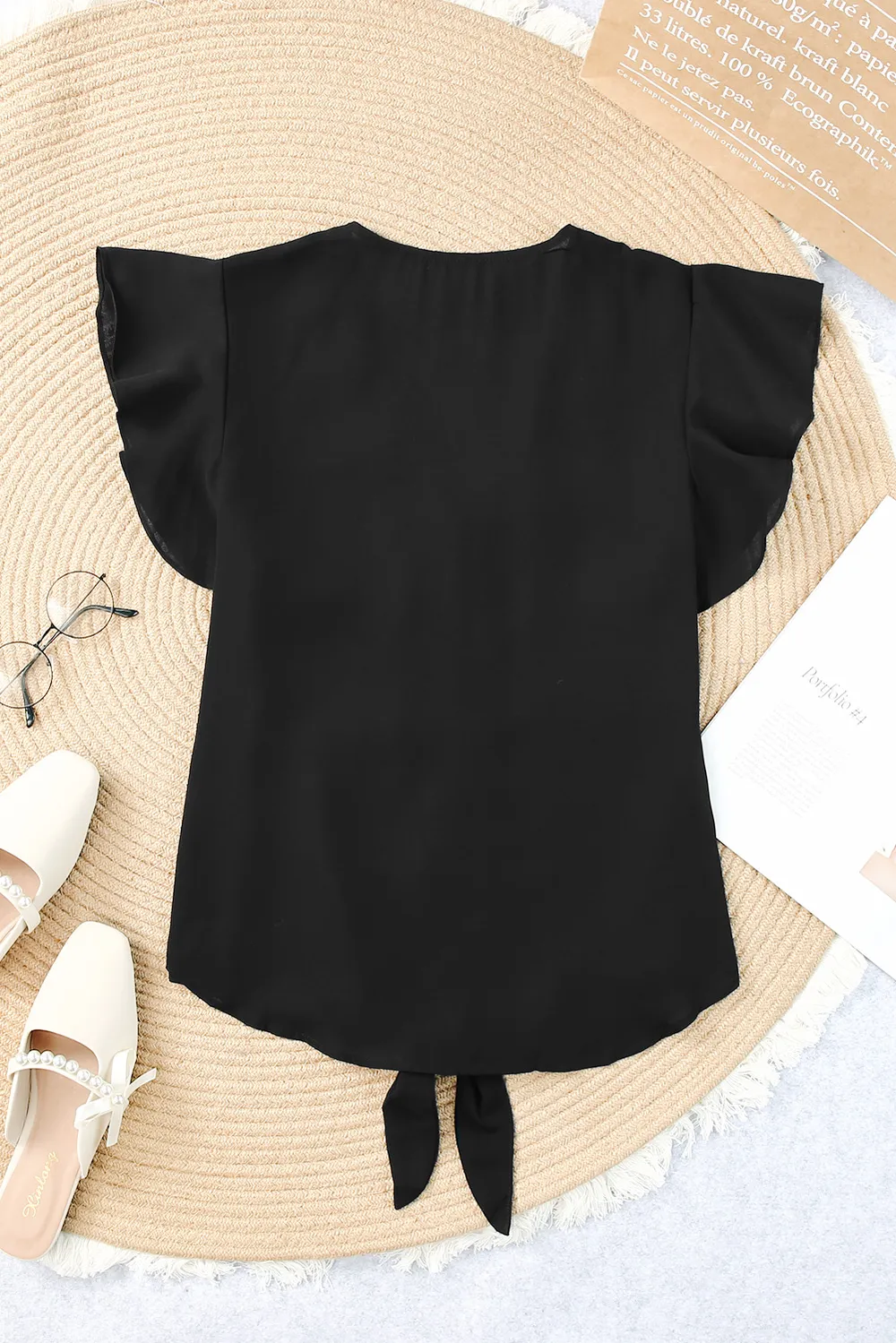 V-Neck Tie Hem Flutter Sleeve Blouse, image 10