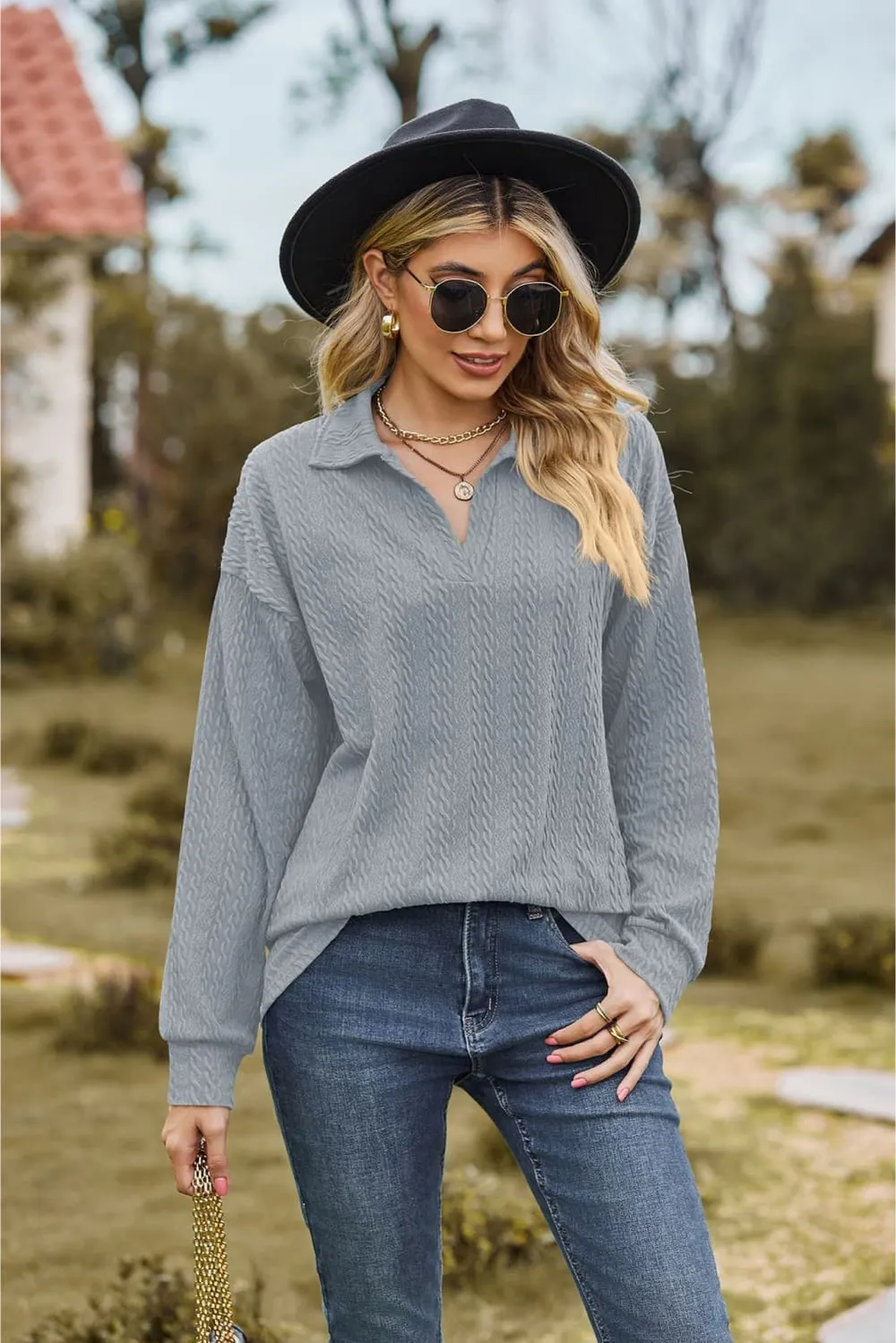 Collared Neck Cable-Knit Long Sleeve Blouse, image 17