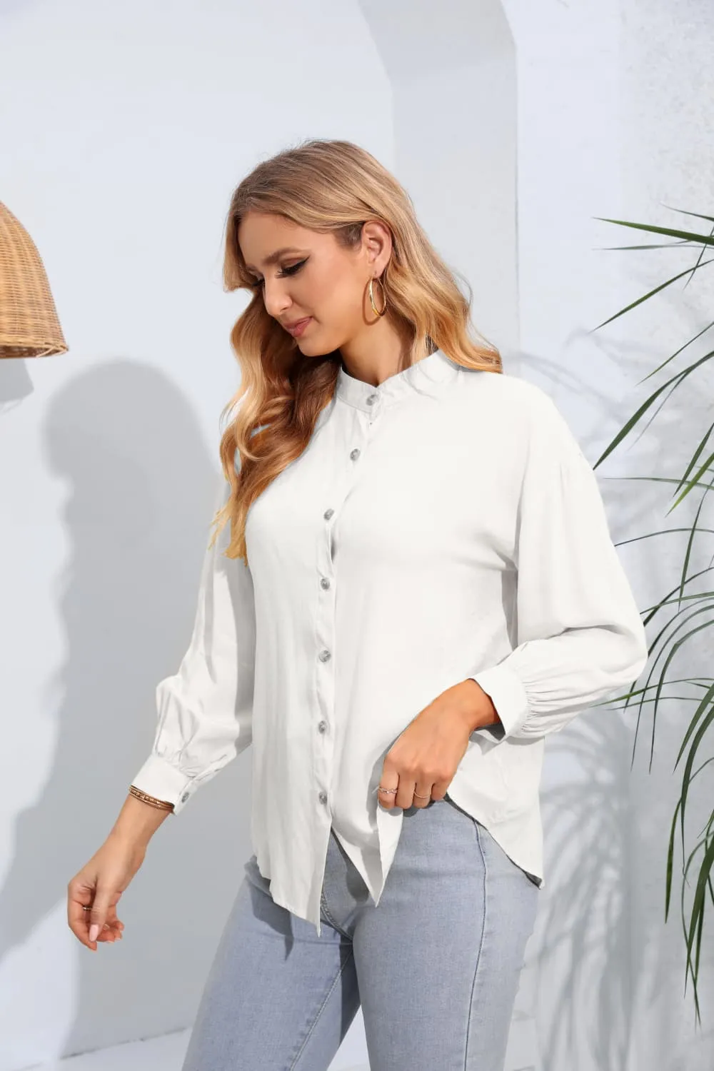 Mock Neck Buttoned Long Sleeve Shirt, image 10