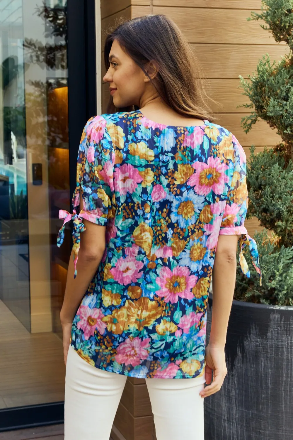 Full Size Floral V-Neck Tie Detail Blouse, image 3