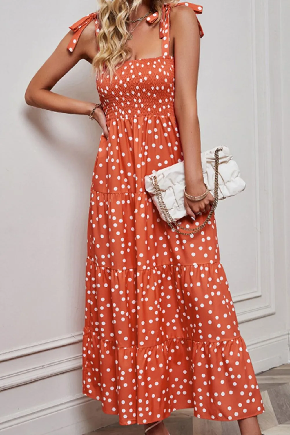 Polka Dot Smocked Tiered Sleeveless Dress, image 3