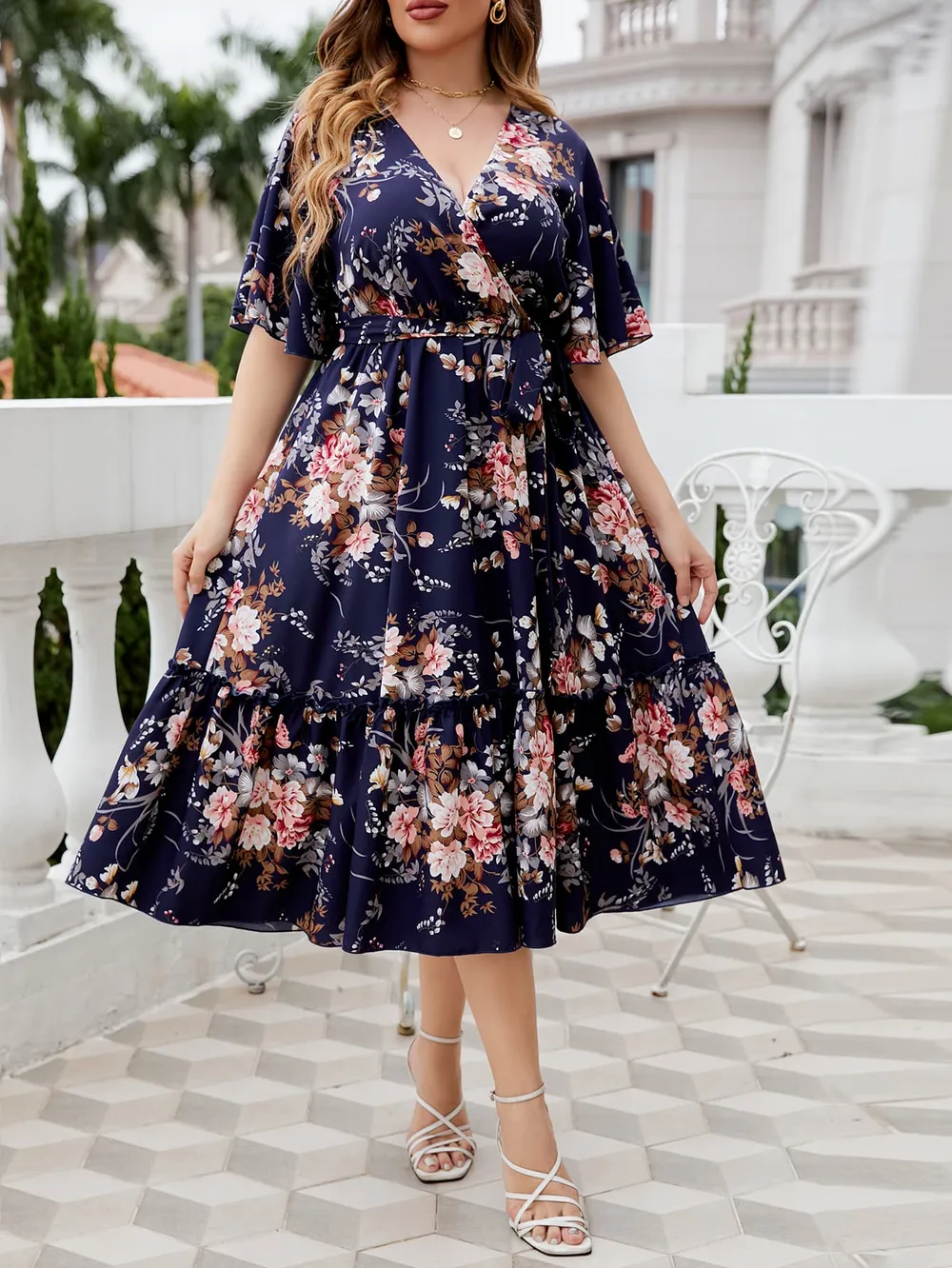 Plus Size Floral Surplice Neck Midi Dress, image 4