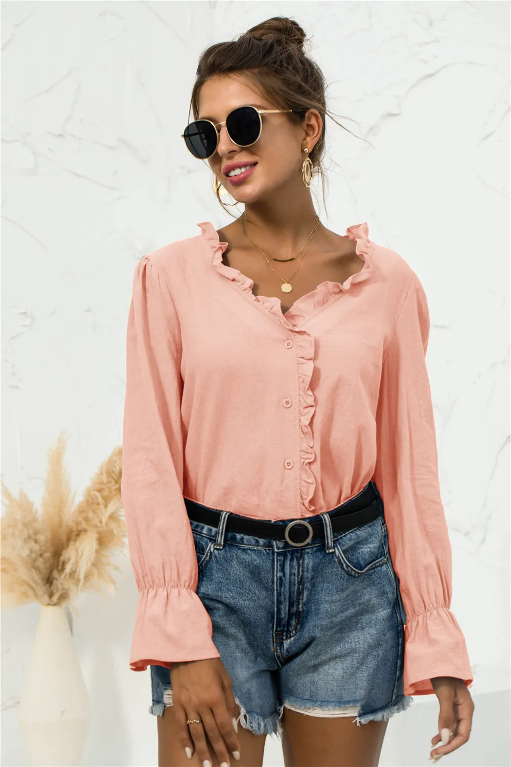 Frill Trim V-Neck Flounce Sleeve Shirt, image 3