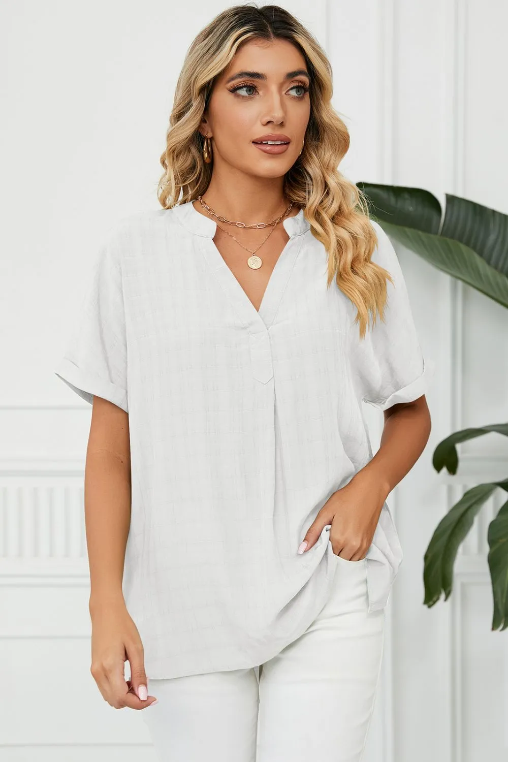 Side Slit Notched Neck Cuffed Short Sleeve Blouse, image 16