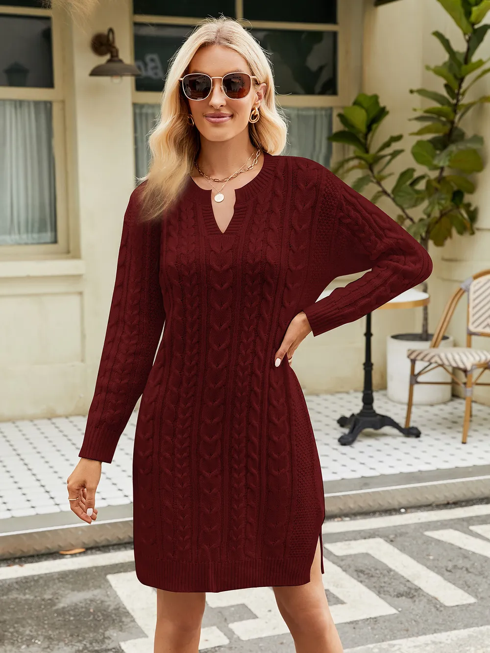 Notched Neck Cable-Knit Slit Sweater Dress, image 8