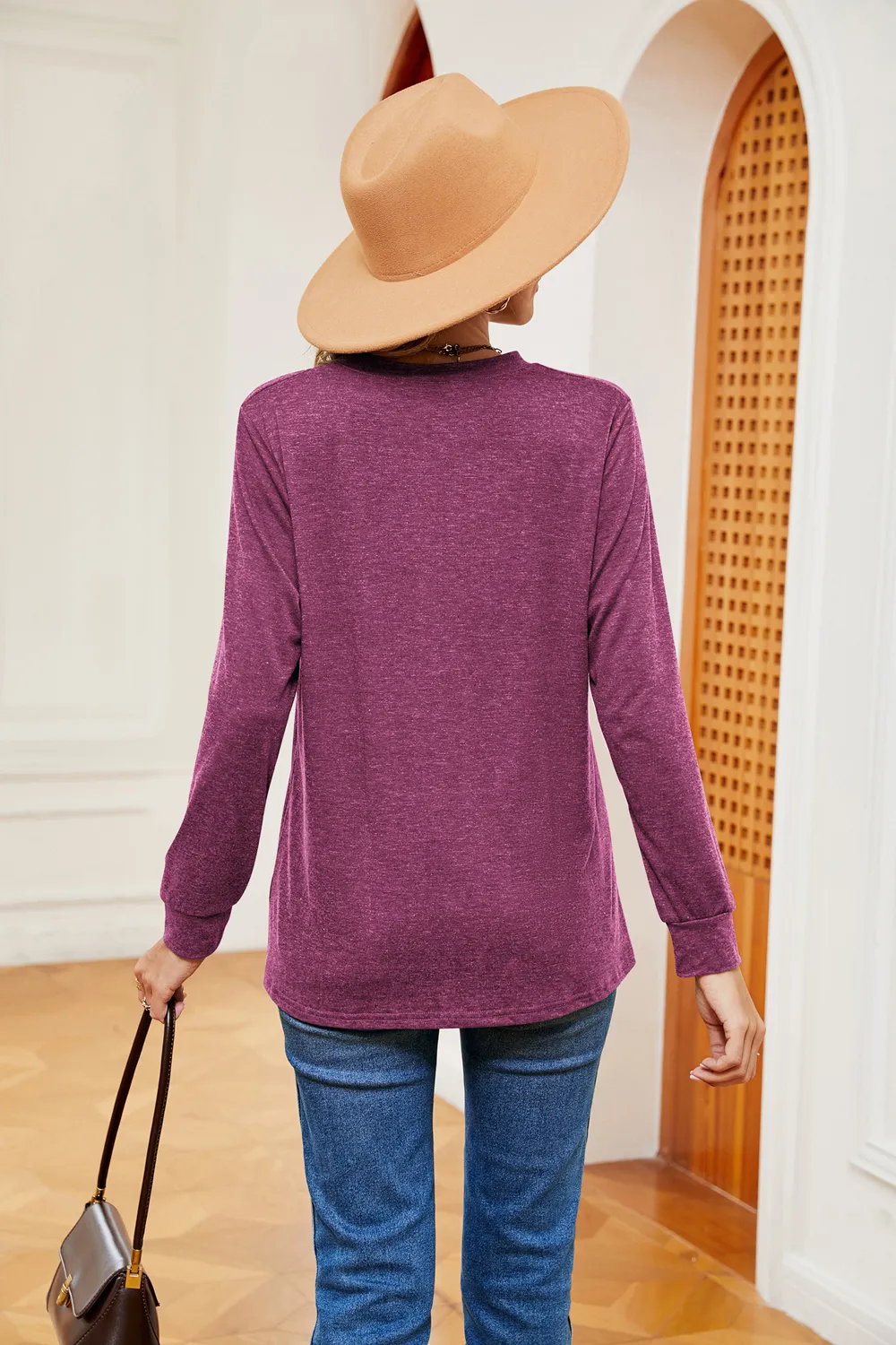 Buttoned Notched Neck Long Sleeve Top, image 20