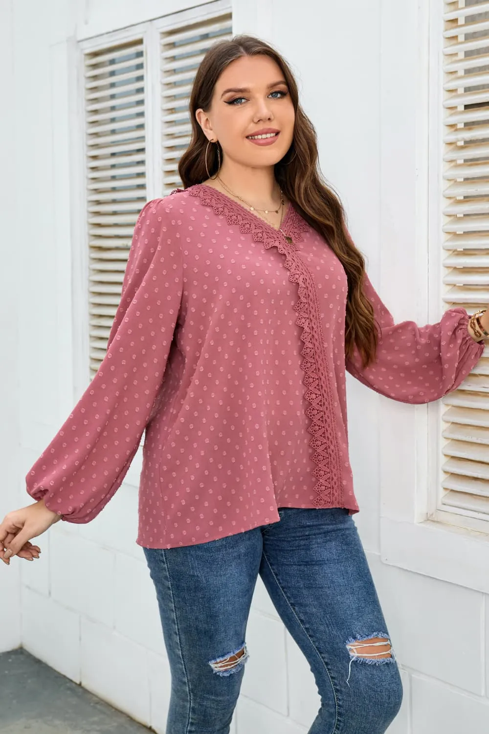 Melo Apparel Plus Size Lace Trim V-Neck Balloon Sleeve Blouse, image 4