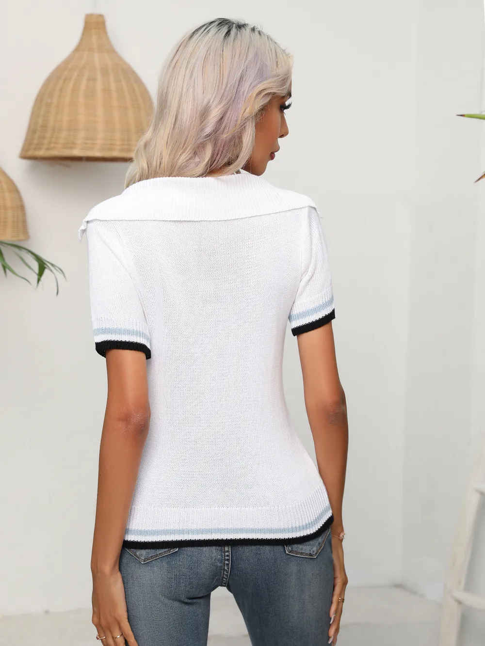 Johnny Collar Openwork Short Sleeve Knit Top, image 2