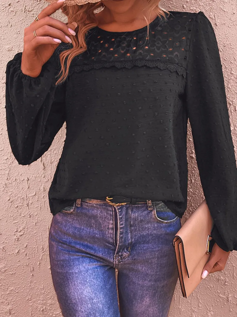 Swiss Dot Lace Trim Long Sleeve Blouse, image 3