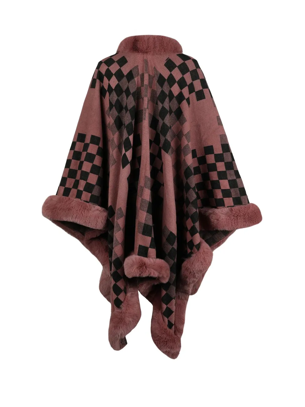 Checkered Faux Fur Trim Poncho, image 9