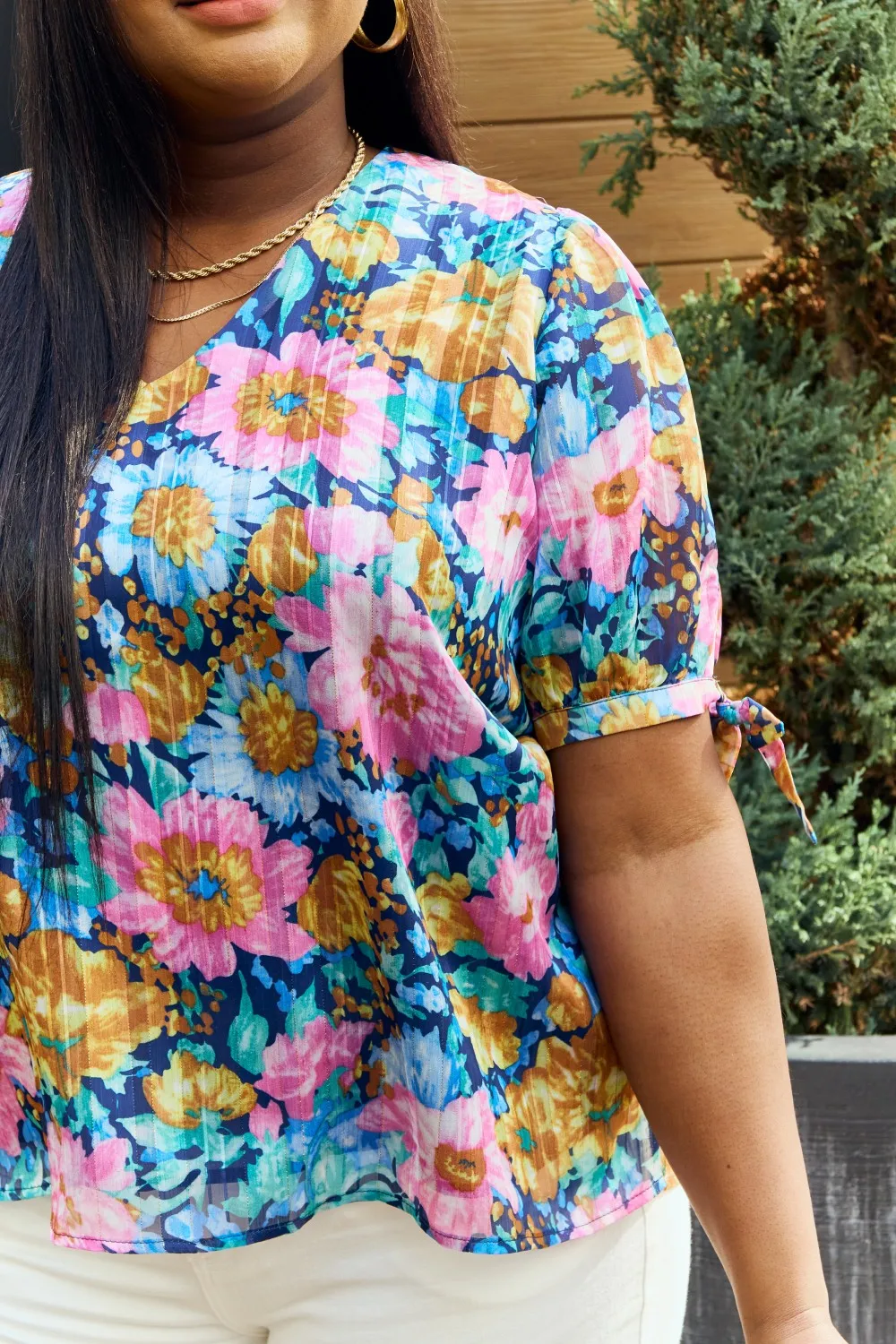 Full Size Floral V-Neck Tie Detail Blouse, image 10