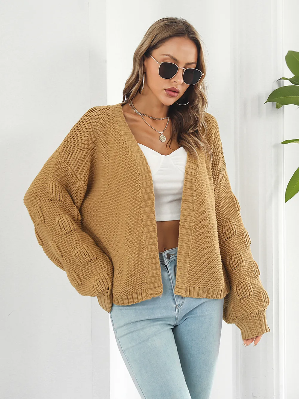 Open Front Ribbed Trim Cardigan, image 4