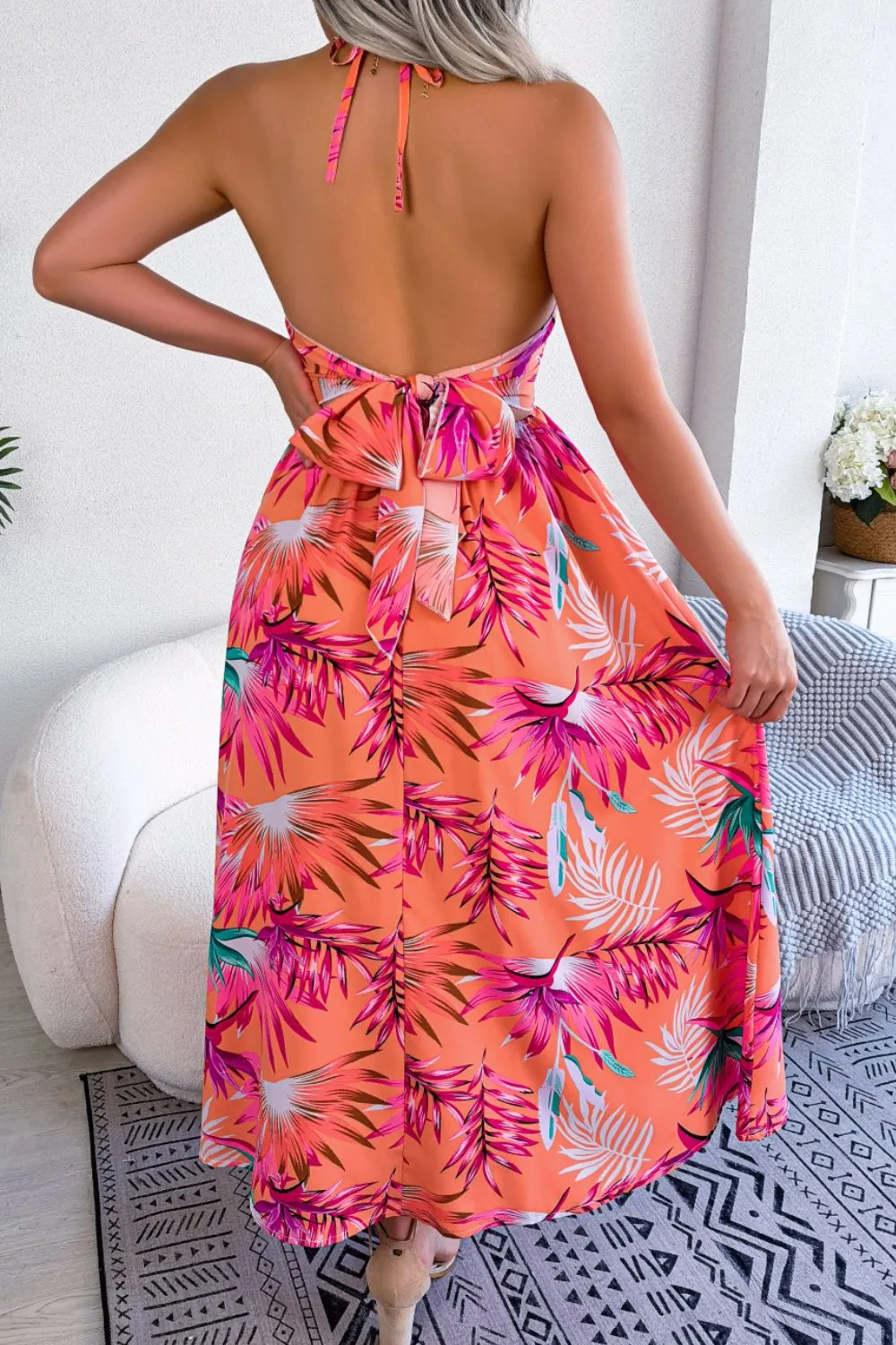 Botanical Print Tied Backless Cutout Slit Dress, image 3