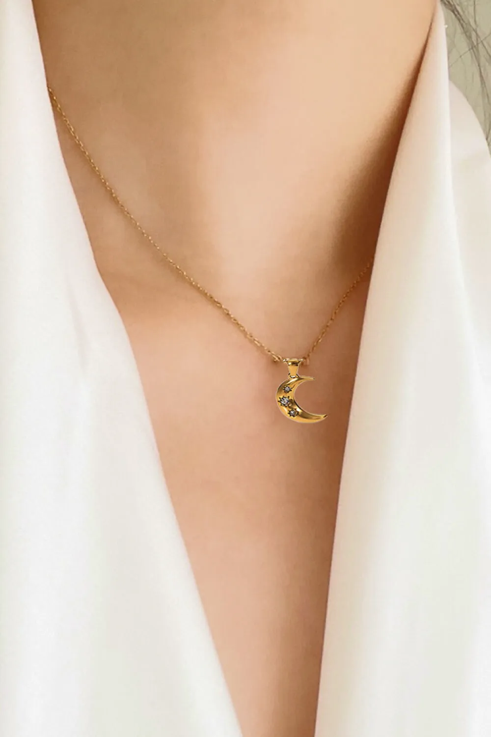 18K Gold Plated Inlaid Zircon Moon Pendant Necklace, image 2