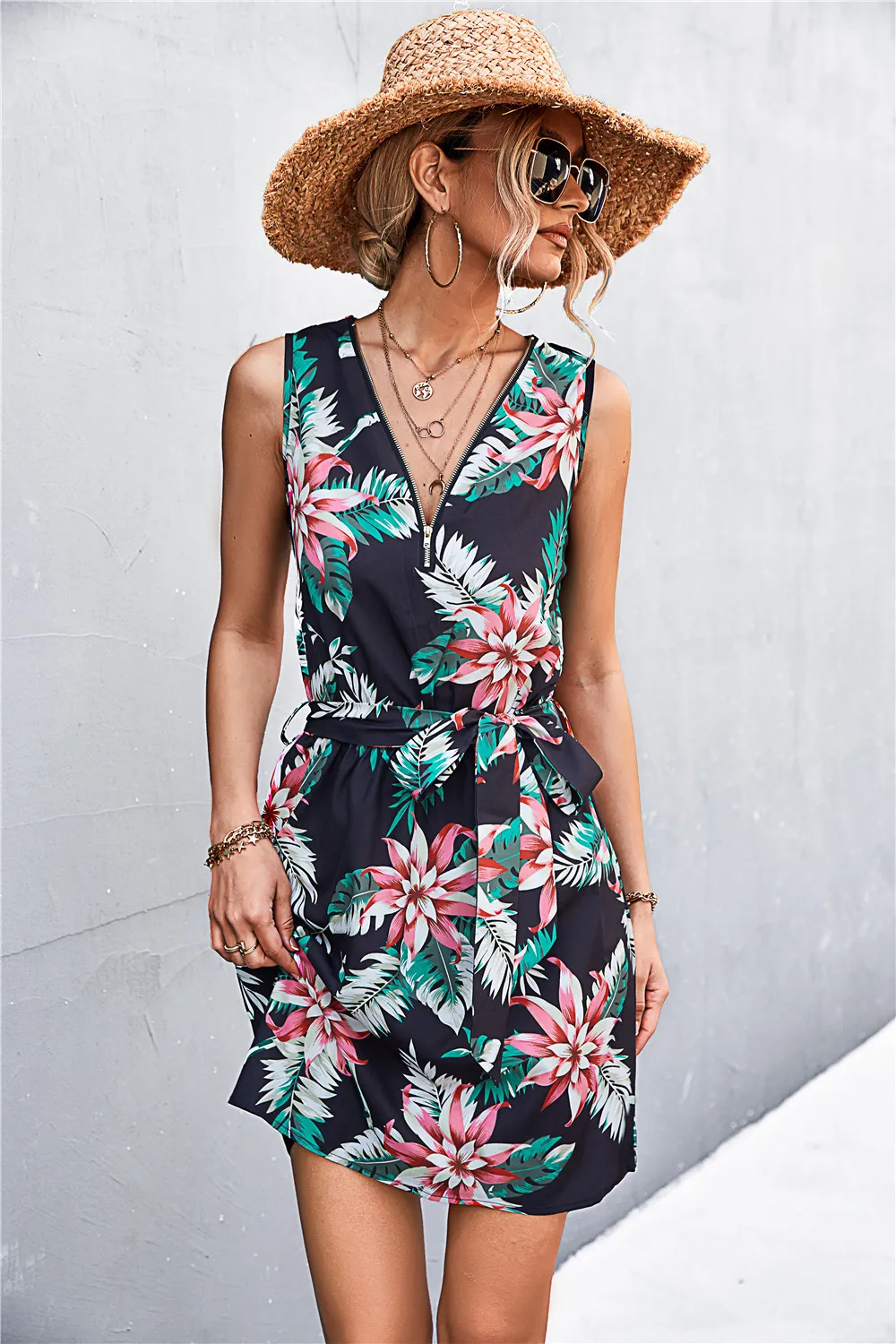 Printed Zip Detail Belted Sleeveless Dress, image 27